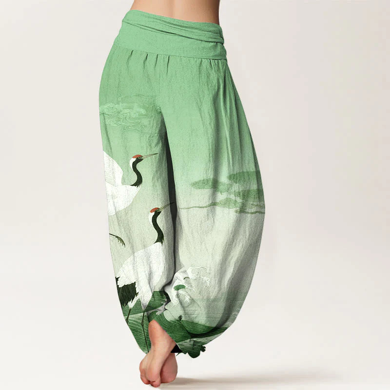 Buddha Stones Pure Cotton Cranes Auspicious Clouds OceanÂ Women's Elastic Waist Harem Pants