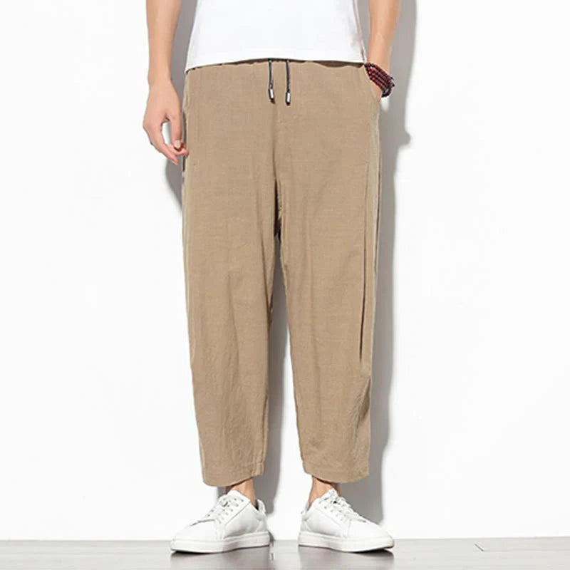 Buddha Stones Summer Men's 7-8 Length Cotton Linen Carrot Pants With Pockets