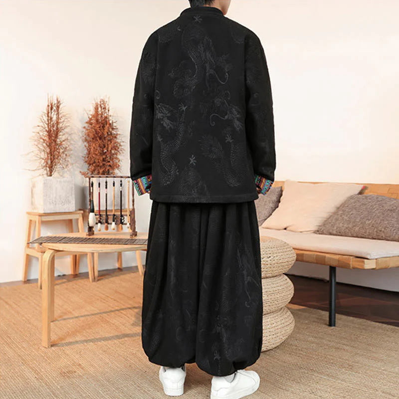 Buddha Stones 2Pcs Fall Winter Men's Tang Suit Dragon Frog-Button Cotton Long Sleeve Jacket Pants Set