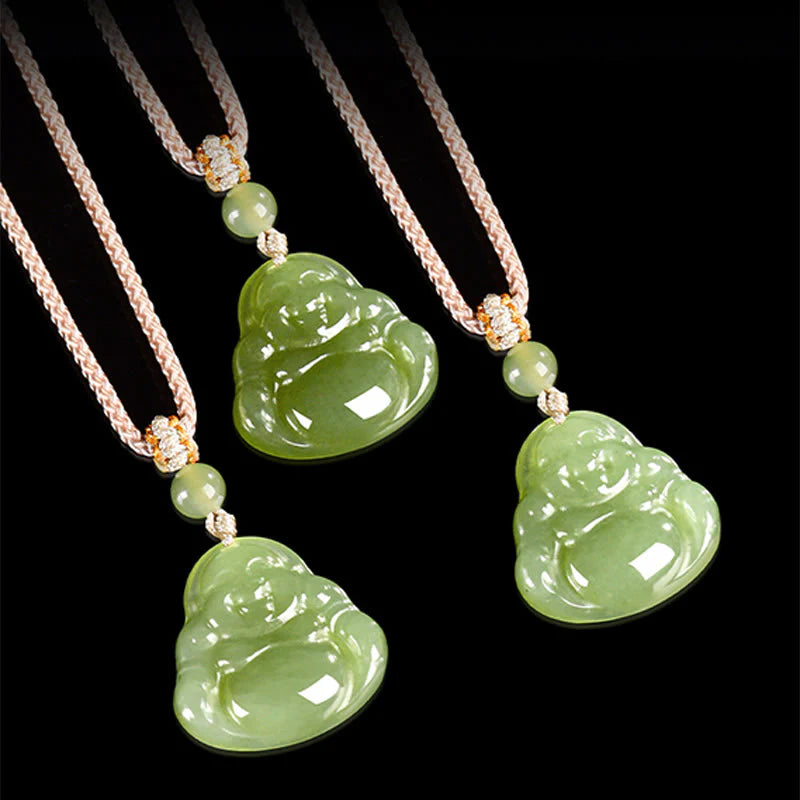 Buddha Stones Green Jade Laughing Buddha Prosperity Rope Necklace Pendant