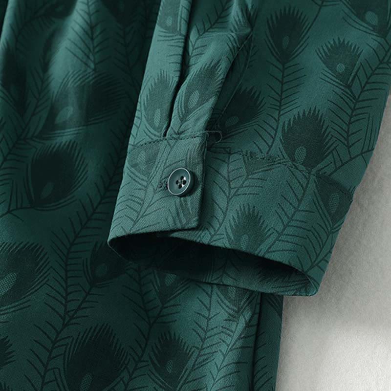 Buddha Stones Spring Grass Vines Print Buttons Design Long Sleeve Midi Dress With Pockets