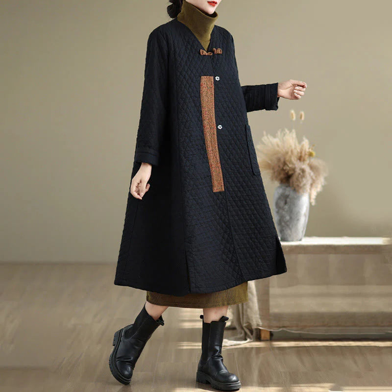 Buddha Stones Diamond Pattern Mid-length Women's Cotton Coat With Pockets
