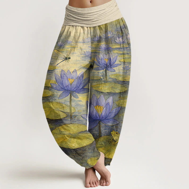 Buddha Stones Pure Cotton Fresh Elegant Lotus Flower Leaf Dragonfly Frog Pattern Women's Elastic Waist Harem Pants