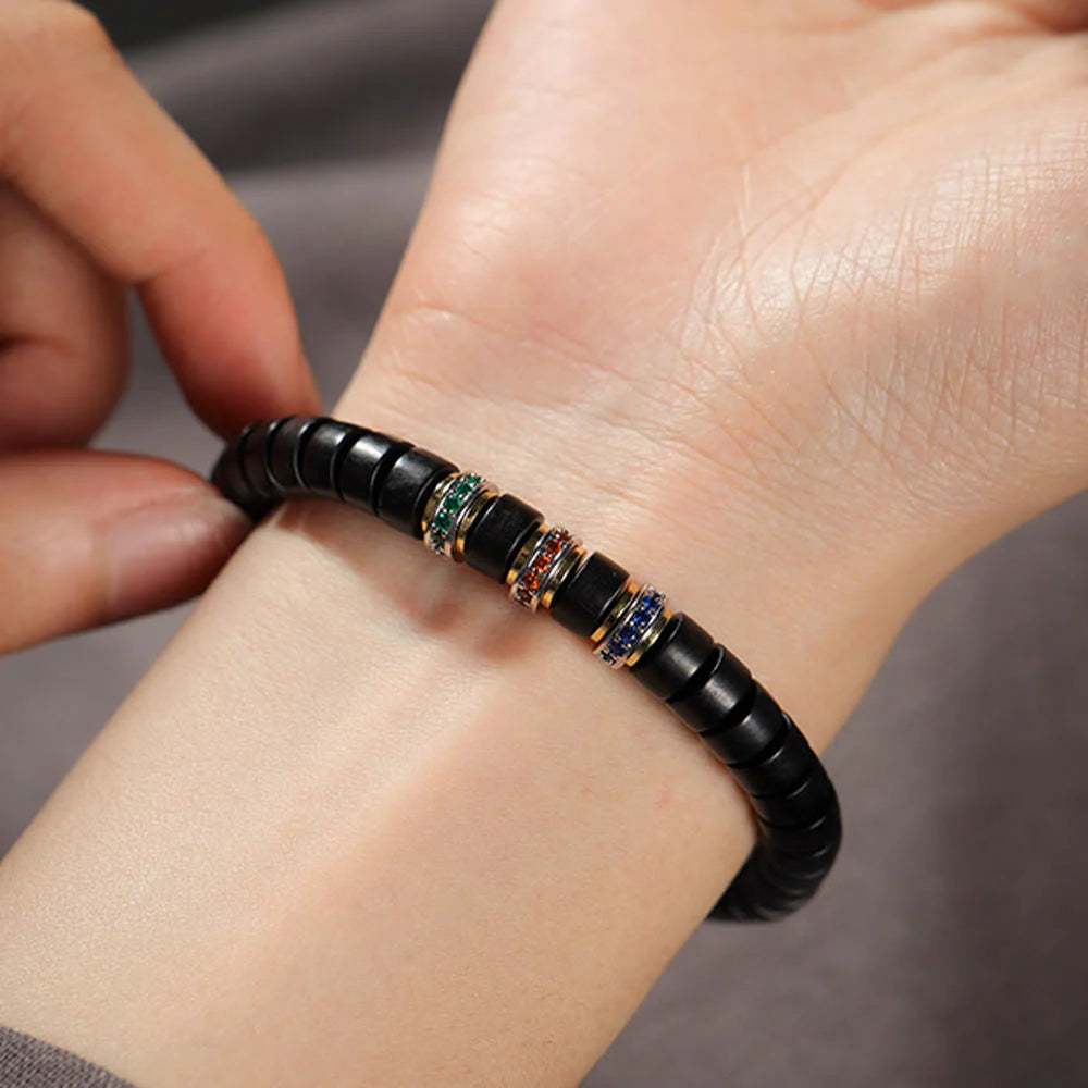 Buddha Stones Ebony Wood Small Leaf Red Sandalwood Zircon Peace Bracelet