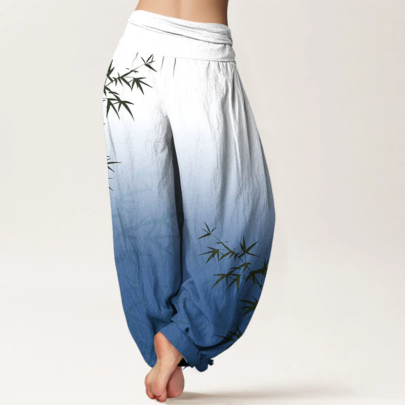 Buddha Stones Casual Bamboo Leaves Gradient Pattern Pure Cotton Women's Elastic Waist Harem Pants