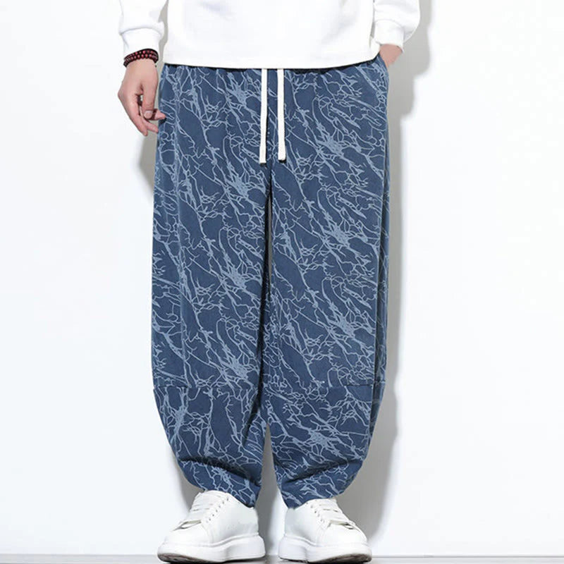 Buddha Stones Fall Textured Lines Print Cotton Elastic Waist Ankle-Length Men's Harem Pants With Pockets
