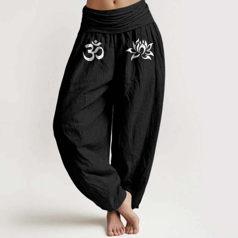 Buddha Stones Solid Color Pure Cotton Lotus Om Symbol Pattern Women's Elastic Waist Harem Pants