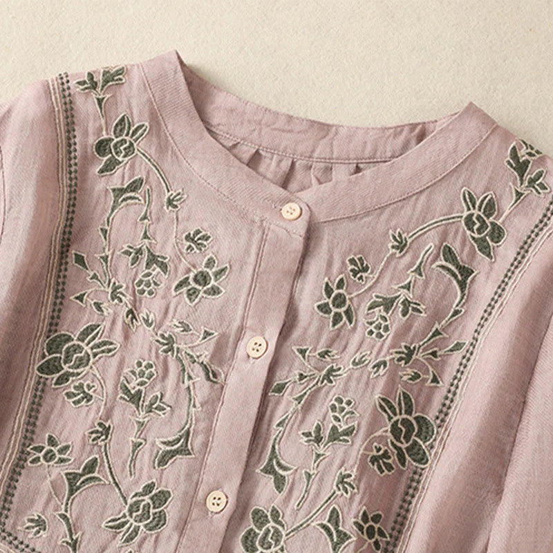 Buddha Stones Embroidery Single Breasted Women's Cotton Linen Three Quarter Sleeve Shirt