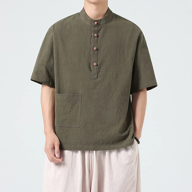 Buddha Stones Casual Half Frog-Button Design Stand Collar Tang Suit Men's Half Sleeve Cotton Shirt With Pocket