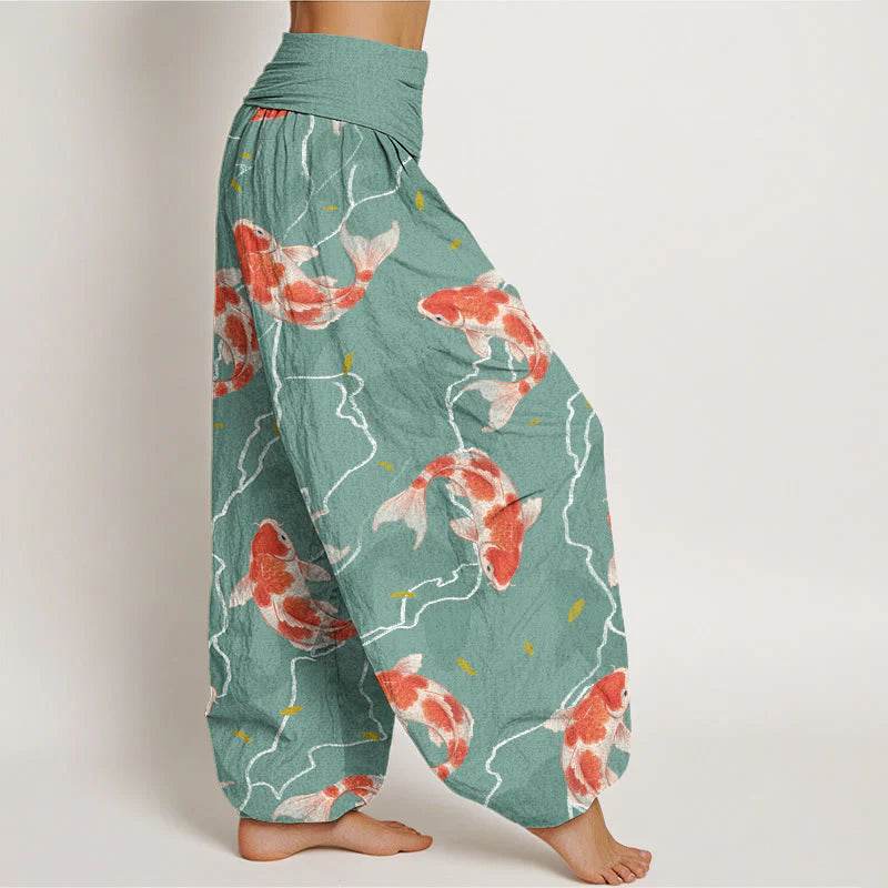Buddha Stones Cotton Red White Koi Fish Pattern Design Women's Elastic Waist Harem Pants