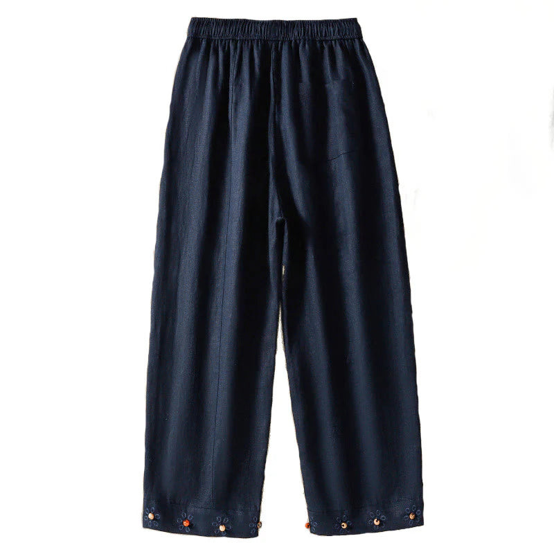 Buddha Stones Casual Embroided Bead Drawstring Women's Wide Leg Cotton Pants With Pockets