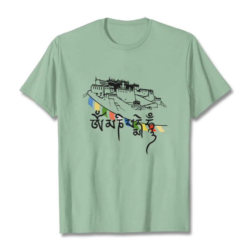 Buddha Stones Potala Palace Om Mani Padme Hum Prayer Flags Cotton Tee T-shirt
