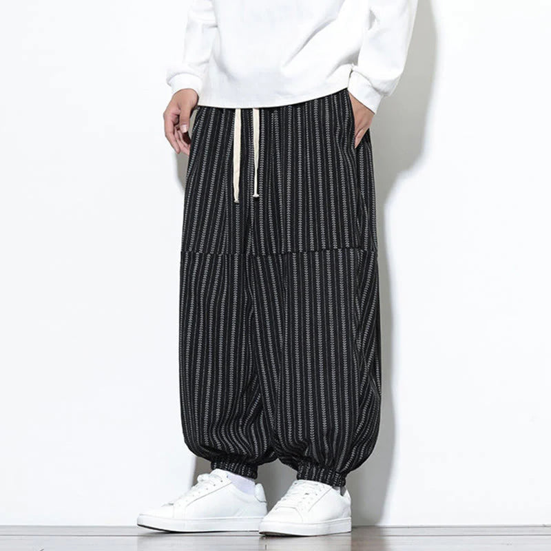 Buddha Stones Fall Striped Pattern Drawstring Men's Harem Corduroy Pants With Pockets