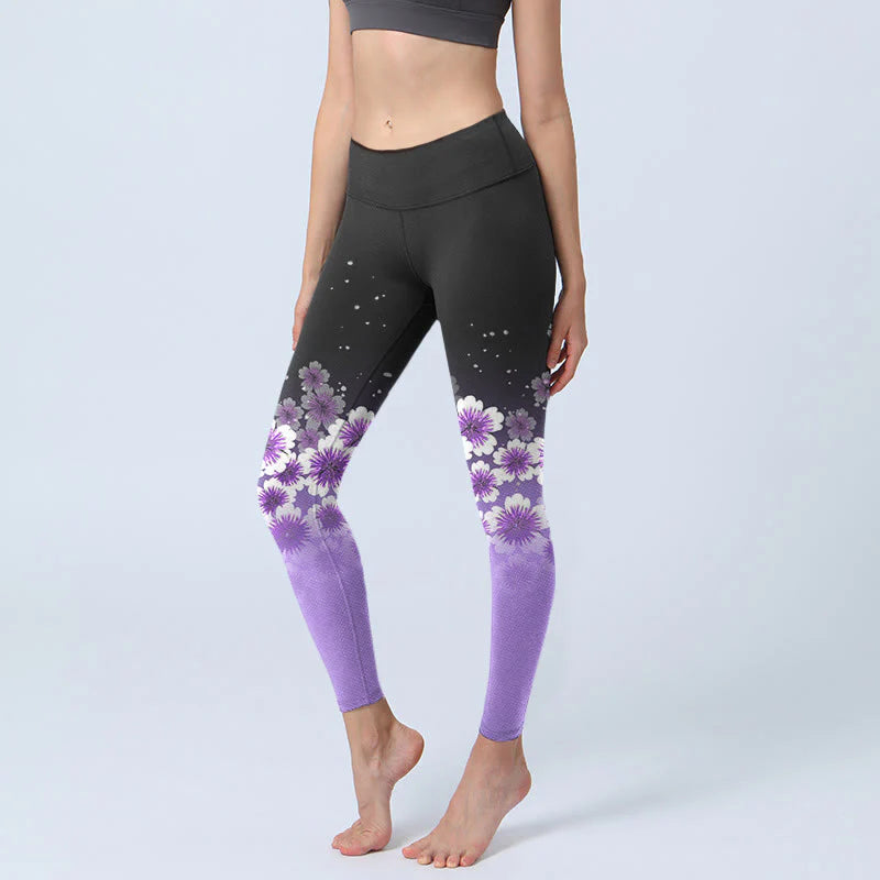 Buddha Stones White Purple Cherry Blossom Pattern Print Gym Leggings Women's Yoga Pants