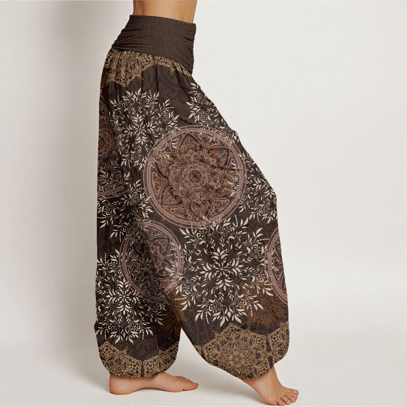 Buddha Stones Cotton Mandala Pattern Leaves Women's Elastic Waist Harem Pants