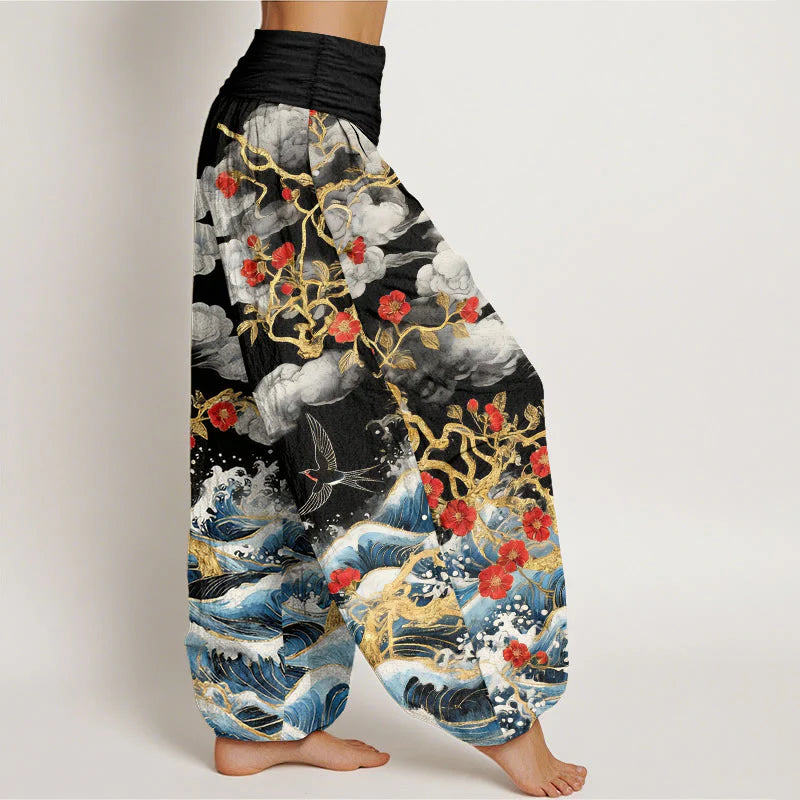 Buddha Stones Pure Cotton Auspicious Clouds Red Blossoms Swallow Ocean Waves Women's Elastic Waist Harem Pants