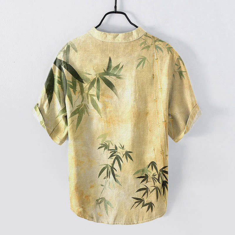 Buddha Stones Cotton Bamboo Pattern Men's Short Sleeve Half Button Shirt