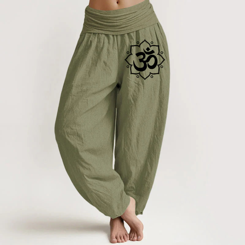 Buddha Stones Pure Cotton Plain Mandala Om Symbol Pattern Women's Elastic Waist Harem Pants