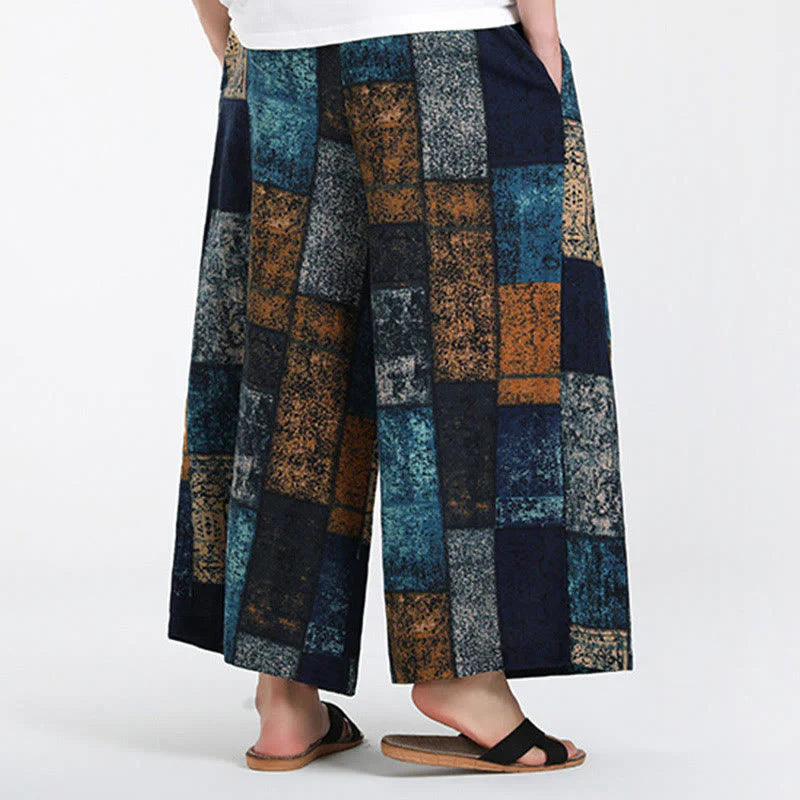 Buddha Stones Summer Patchwork Design 7-8 Length Men's Wide Leg Pants With Pockets