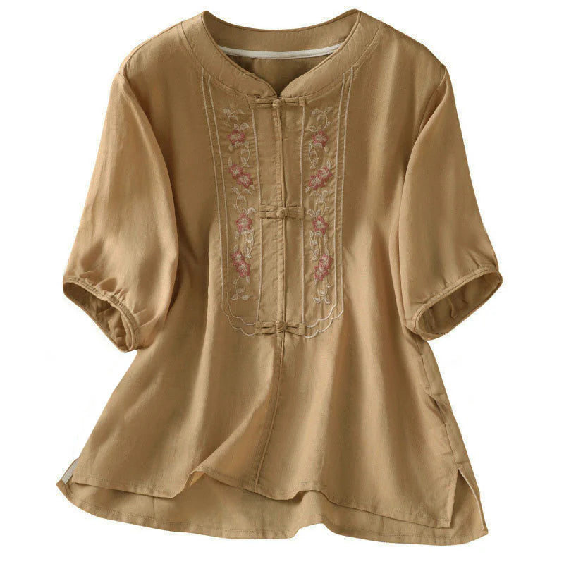 Buddha Stones Frog-button Stand Collar Embroidered Flower Elastic Cuff Three Quarter Sleeve Women's Shirt