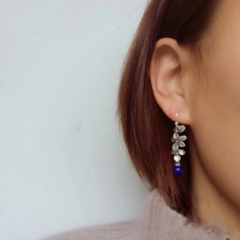 Buddha Stones 925 Sterling Silver Turquoise Lazurite Flower Leaf Serenity Protection Hook Drop Dangle Earrings
