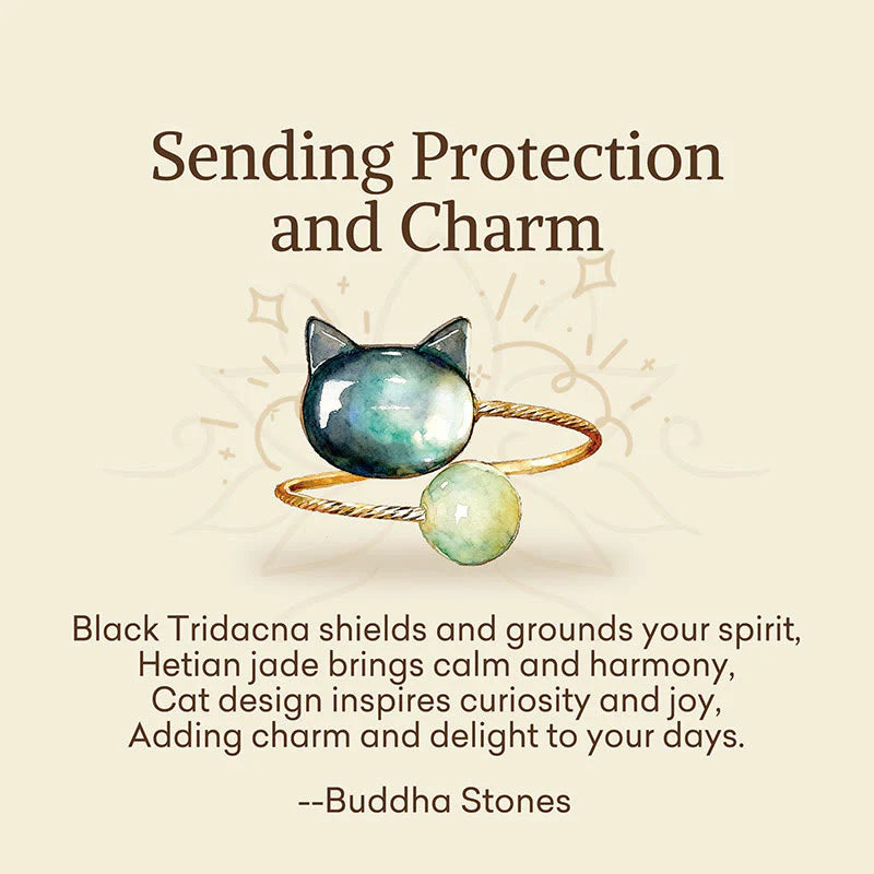Buddha Stones Sending Protection and Charm Tridacna Stone Cat Ring Includes Gift Message Card