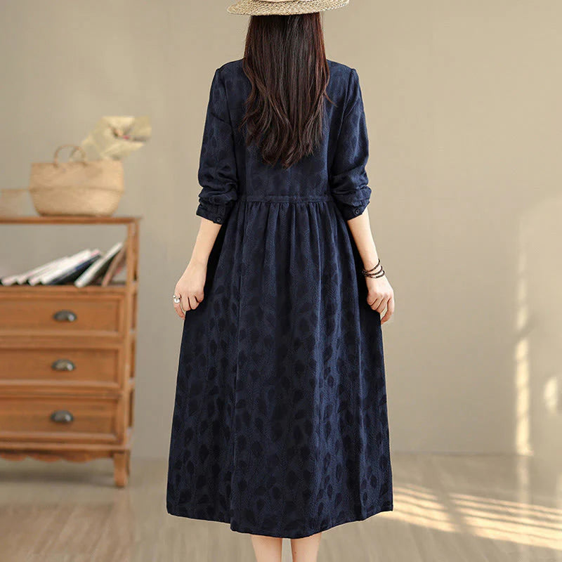 Buddha Stones Leaf Pattern Stand Collar Long Sleeve Cotton Midi Dress With Pockets
