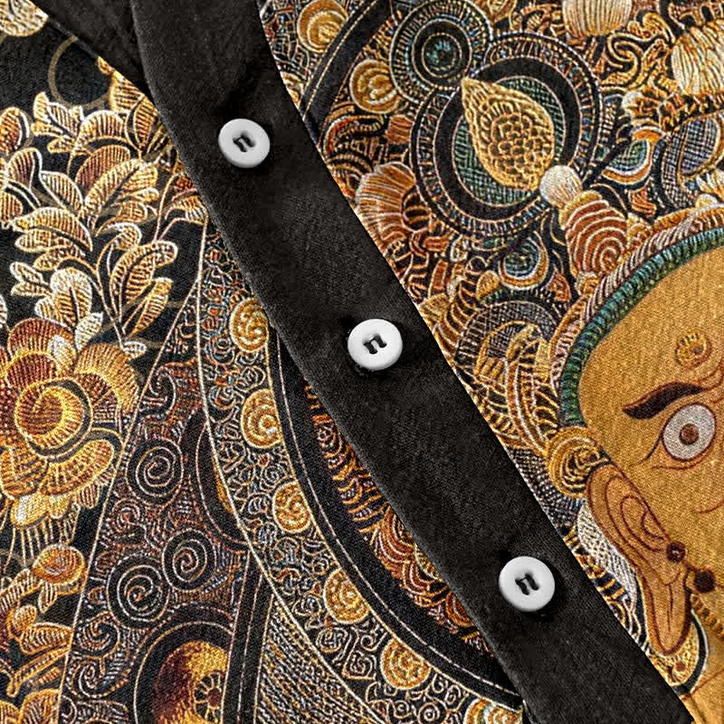 Buddha Stones Cotton Gold Buddha Floral Print Men's Short Sleeve Half Button Shirt