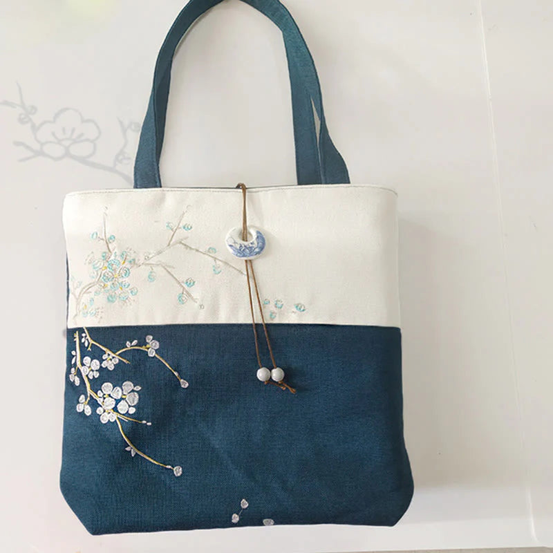 Buddha Stones Pear Flower Plum Peach Blossom Bamboo Embroidery Canvas Large Capacity Shoulder Bag Tote Bag