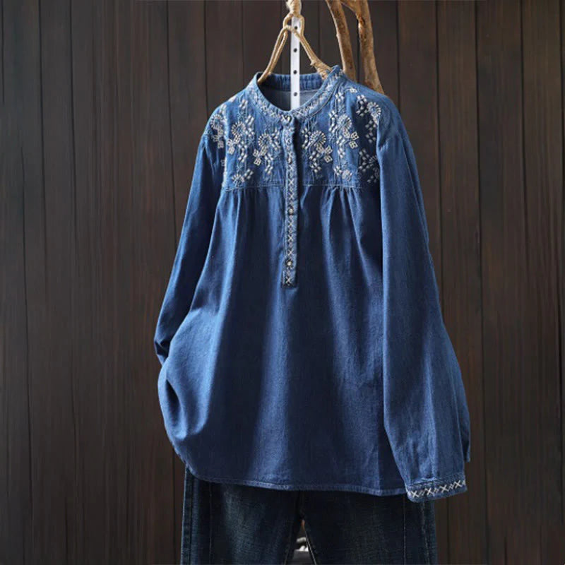 Buddha Stones Geometry Floral Embroidery Cotton Denim Half Buttons Long Sleeve Women's Shirt