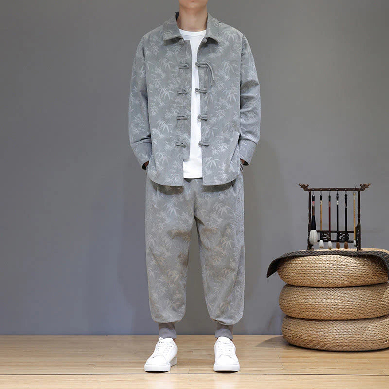 Buddha Stones 2Pcs Winter Thick Bamboo Men's Tang Suit Frog-Button Cotton Corduroy Long Sleeve Jacket Pants Set With Pockets