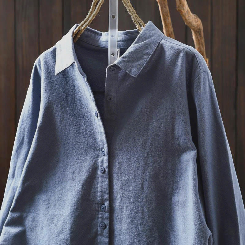 Buddha Stones Fall Solid Color Button Down Stand Collar Long Sleeve Women's Cotton Shirt