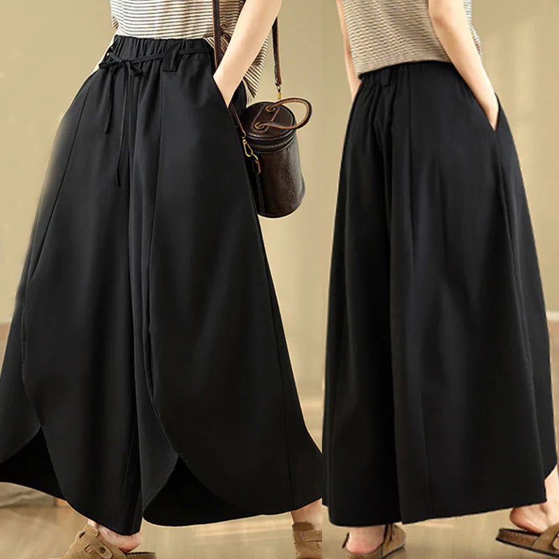 Buddha Stones Summer Vintage Lace-Up Women's Wide Leg Split Pants With Pockets