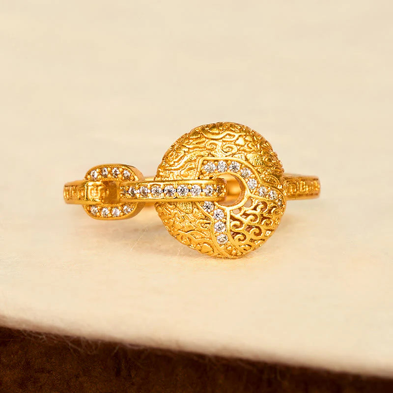 Buddha Stones 24k Gold Plated Brass Hollow Carved Design Peace Buckle Adjustable Fortune Ring