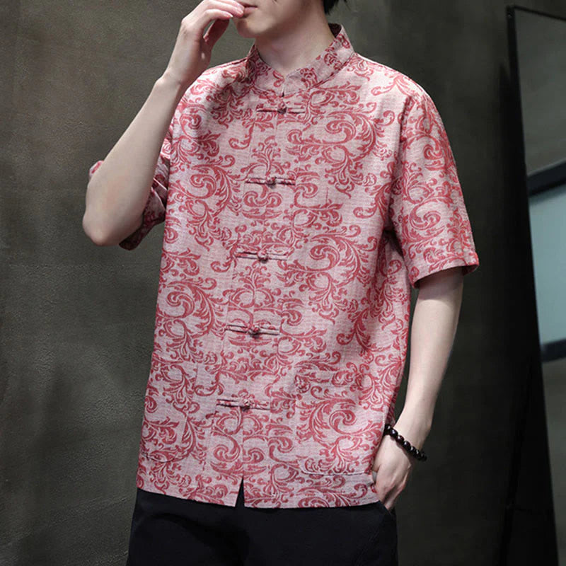 Buddha Stones Summer Floral Vine Pattern Tang Suit Men's Frog-Button Short Sleeve Shirt With Pockets