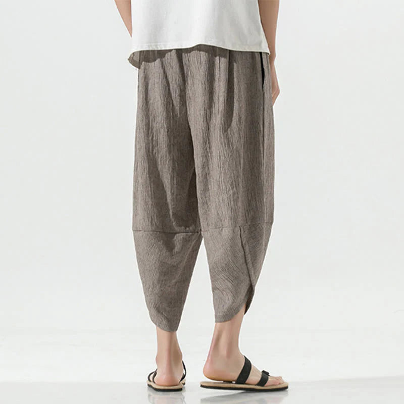 Buddha Stones Plain Simple Design Drawstring 7-8 Length Linen Men's Harem Pants With Pockets