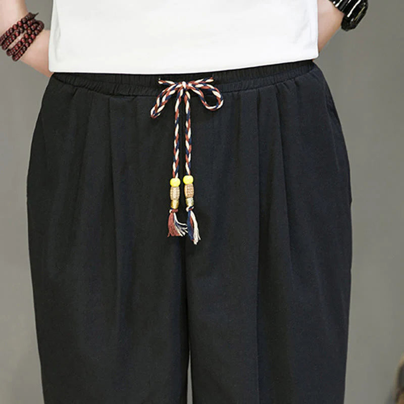 Buddha Stones Solid Color Linen Buttons Drawstring Men's Straight Leg Pants With Pockets
