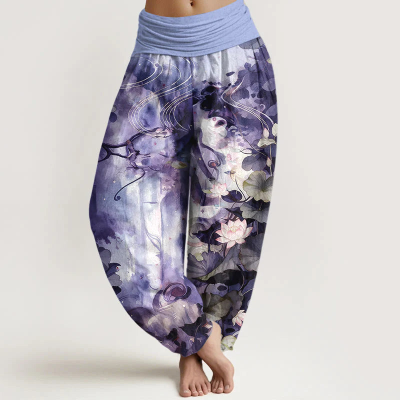 Buddha Stones Pure Cotton Watercolor Style Lotus Flower Leaf Pattern Women's Elastic Waist Harem Pants