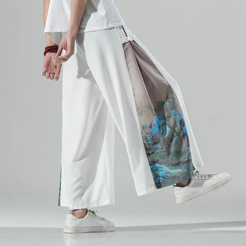 Buddha Stones Mountains Rivers Pattern Men's Wide Leg Pants With Pockets