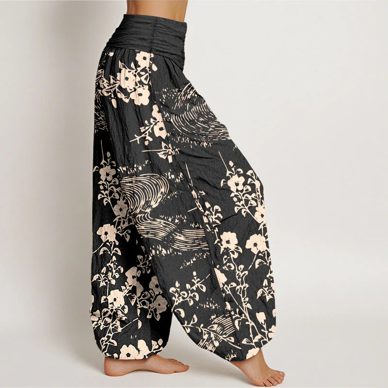 Buddha Stones Pure Cotton Simple Flowers Stream Pattern Women's Elastic Waist Harem Pants