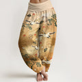 Buddha Stones Cotton Traditional Crane Pine Tree Bird Fan Sun Pattern Women's Elastic Waist Harem Pants