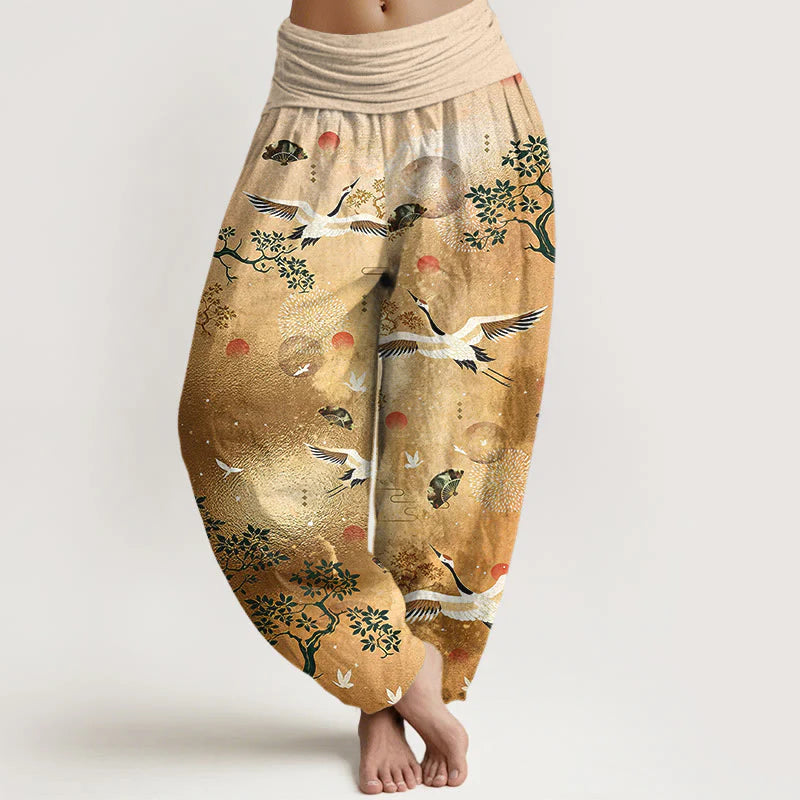 Buddha Stones Cotton Traditional Crane Pine Tree Bird Fan Sun Pattern Women's Elastic Waist Harem Pants