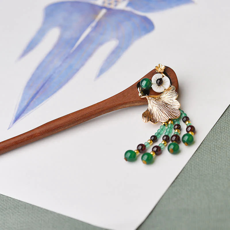Buddha Stones Red Sandalwood Green Agate Ginkgo Leaf Protection Hairpin