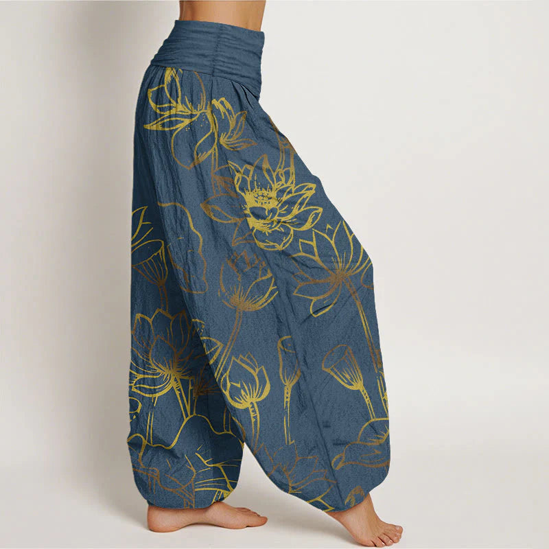 Buddha Stones Print Lotus Flowers Leaves Pattern Women's Elastic Waist Harem Cotton Pants