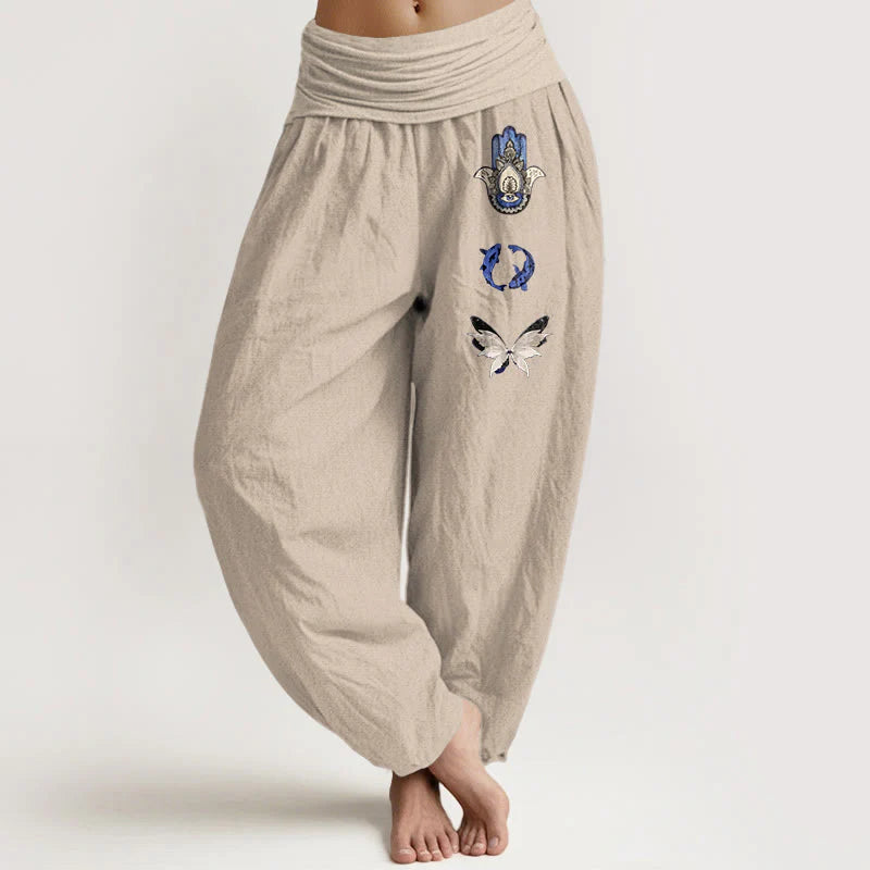 Buddha Stones Pure Cotton Hamsa's Hand Koi Fish Butterfly Pattern Women's Elastic Waist Harem Pants