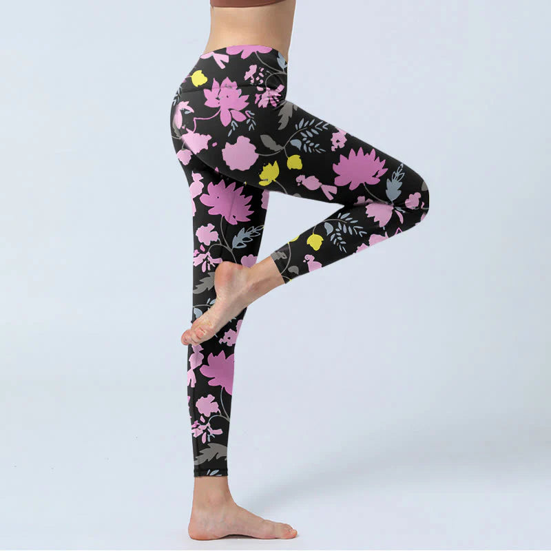 Buddha Stones Watercolor Style Softly Colored Flower Leaf Pattern Print Gym Leggings Women's Yoga Pants