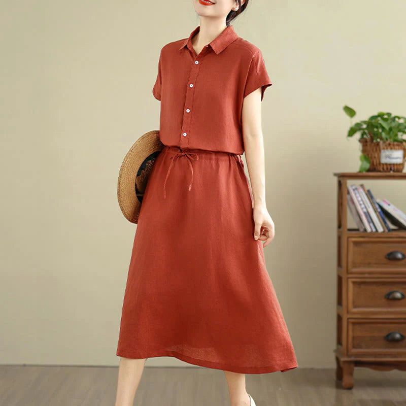 Buddha Stones Summer Plain Short Sleeve Drawstring Cotton Linen Midi Dress With Pockets