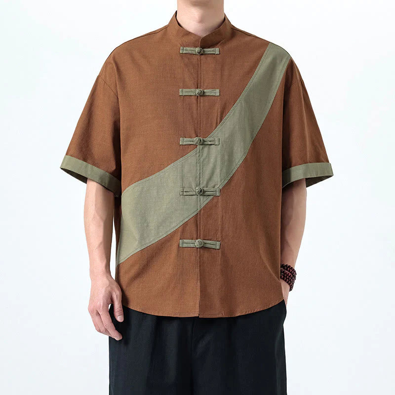 Buddha Stones Spring Color Contrast Chinese Frog-Button Design Men's Half Sleeve Cotton Linen Shirt