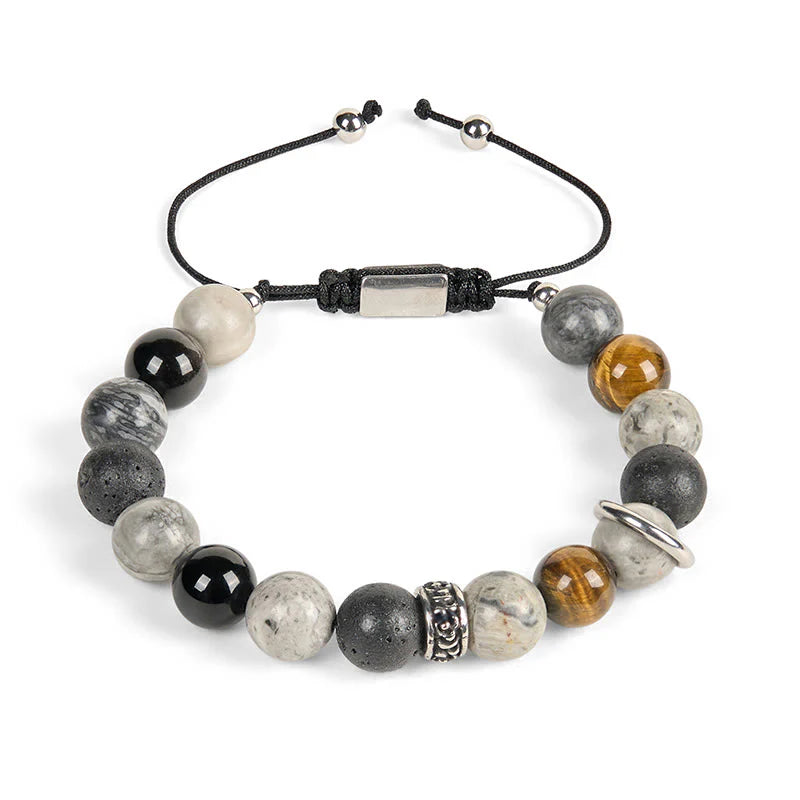 Buddha Stones Grey Jasper Lava Rock Silver Sheen Obsidian Tiger Eye Healing Bracelet