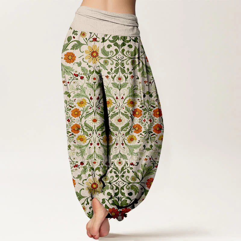 Buddha Stones Pure Cotton Colorful Flowers Vines Women's Elastic Waist Harem Pants